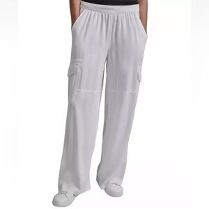 DKNY Womens White Twill Pull On Cargo Wide Leg Pants Trousers Size S